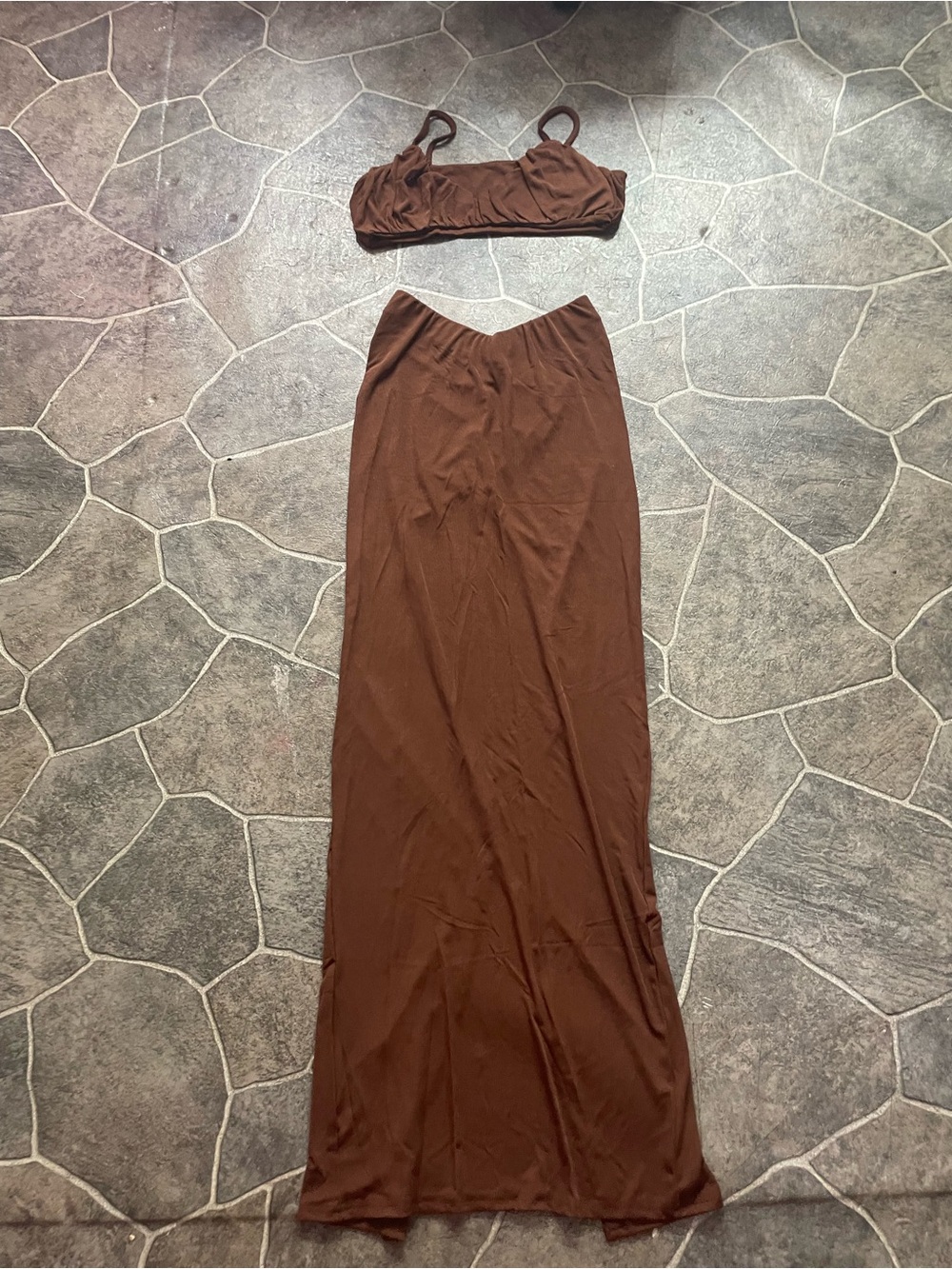 Brown Two-Piece Maxi Skirt and Crop Top Set
